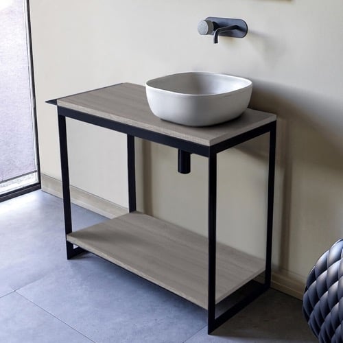 Console Sink Vanity With Ceramic Vessel Sink and Grey Oak Shelf, 35 Inch Scarabeo 1806-SOL4-88